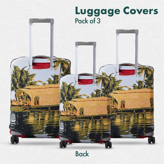 Serene Kerala! Luggage Covers, 100% Organic Cotton Lycra, Small+Medium+Large Sizes, Pack of 3