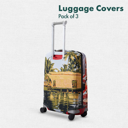 Serene Kerala! Luggage Covers, 100% Organic Cotton Lycra, Small+Medium+Large Sizes, Pack of 3