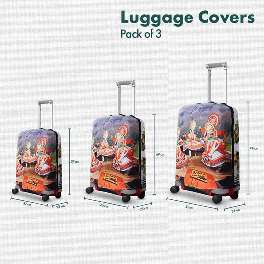 Serene Kerala! Luggage Covers, 100% Organic Cotton Lycra, Small+Medium+Large Sizes, Pack of 3