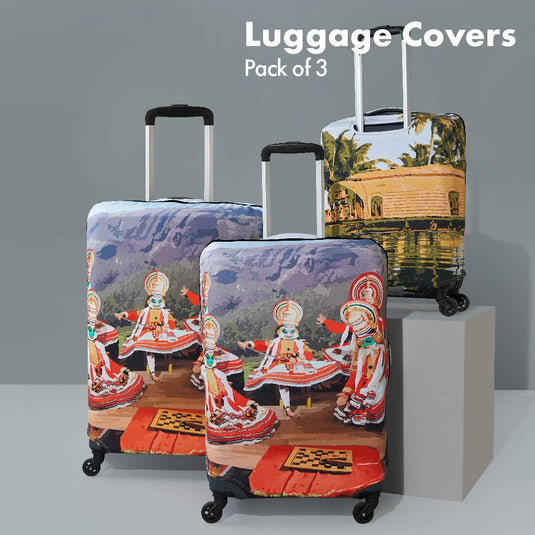 Serene Kerala! Luggage Covers, 100% Organic Cotton Lycra, Small+Medium+Large Sizes, Pack of 3