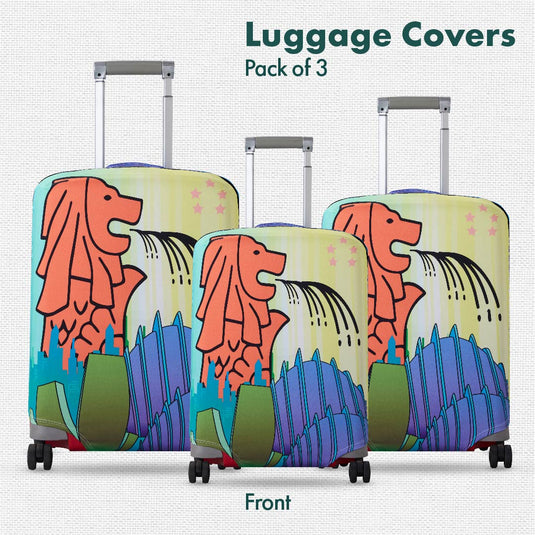 The Lion City! Luggage Covers, 100% Organic Cotton Lycra, Small+Medium+Large Sizes, Pack of 3