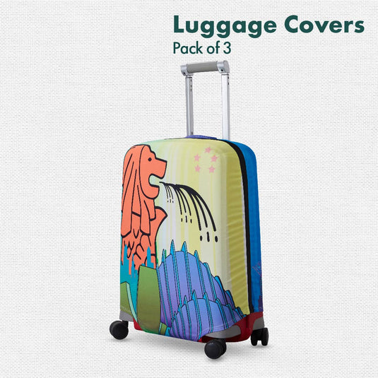 The Lion City! Luggage Covers, 100% Organic Cotton Lycra, Small+Medium+Large Sizes, Pack of 3