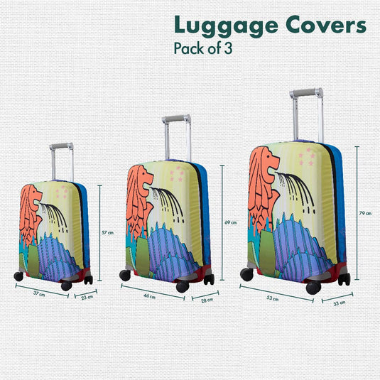 Merlion Musings! Luggage Covers, 100% Organic Cotton Lycra, Small+Medium+Large Sizes, Pack of 3