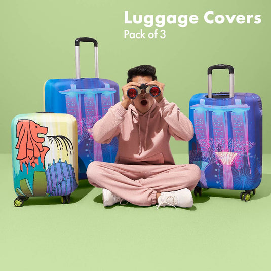 Merlion Musings! Luggage Covers, 100% Organic Cotton Lycra, Small+Medium+Large Sizes, Pack of 3