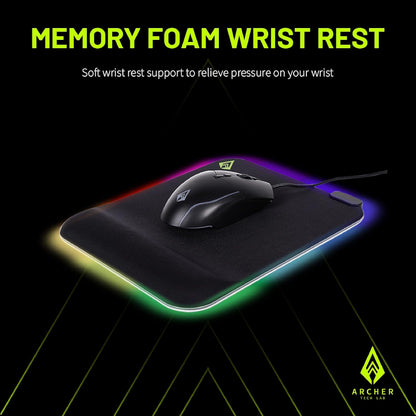 Archer Tech Lab Quiver 200 Gaming Mousepad, 15 RGB Modes, Wrist Rest Hard Mousepad, Soft Memory Foam to Relief Wrist Pain, Natural Rubber Anti Skid Base, Water-Resistant, Plug & Play