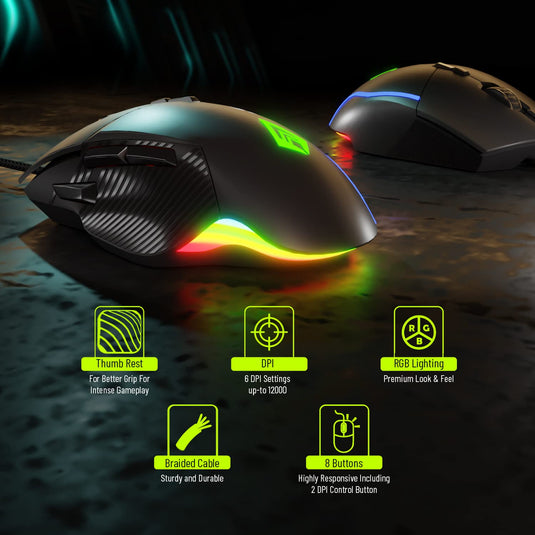 Archer Tech Lab Recurve 300 Wired Gaming Mouse,12000 Dpi with 1000Hz Polling Rate 8 Buttons, Support, 6 Mode RGB, Sunplus Sensor, 10 Mn+ Clicks Huyu Switches, Compatible with Pc/Mac - Black