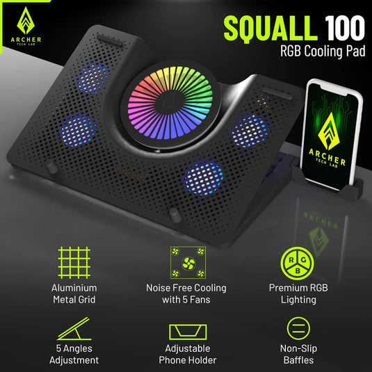 Archer Tech Lab Squall 100 RGB Gaming Laptop Cooling Pad with Aluminium Metal Grid, 5 Turbo Fans, Powered by USB Port, 5 Adjustable Angles, 2-Place Adjustable Phone Holder (Supports up-to 17" Laptop)