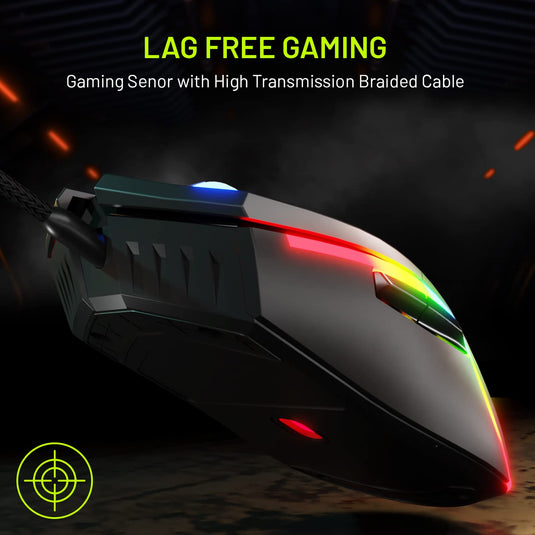 Archer Tech Lab Recurve 500 Wired Gaming Mouse with 8000 DPI and 7 Buttons, 6 Mode RGB, Gaming Sensor, 10mn HUYU Switchs with Ergonomic Design, Compatible with PC/Mac - Black