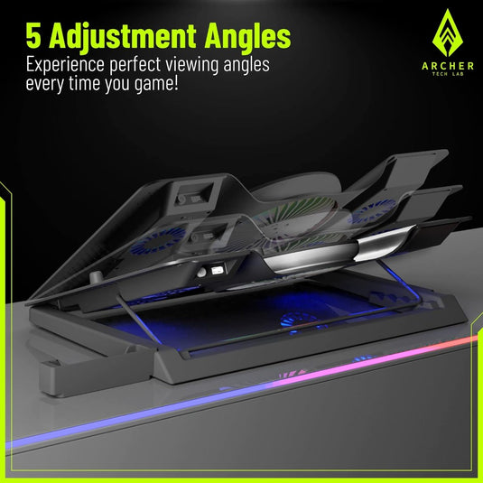 Archer Tech Lab Squall 100 RGB Gaming Laptop Cooling Pad with Aluminium Metal Grid, 5 Turbo Fans, Powered by USB Port, 5 Adjustable Angles, 2-Place Adjustable Phone Holder (Supports up-to 17" Laptop)