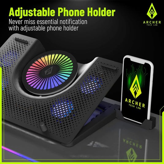 Archer Tech Lab Squall 100 RGB Gaming Laptop Cooling Pad with Aluminium Metal Grid, 5 Turbo Fans, Powered by USB Port, 5 Adjustable Angles, 2-Place Adjustable Phone Holder (Supports up-to 17" Laptop)