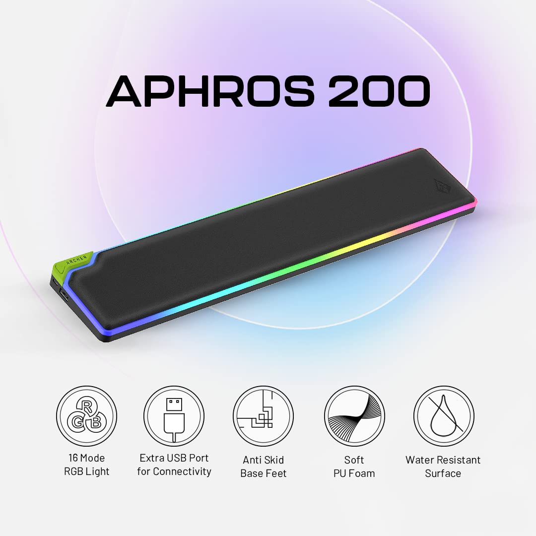 Archer Tech Lab Aphros 200 Keyboard Wrist Rest, RGB Strip Design, PU Leather, Soft Memory Foam for Stable Wrist Position & Comfort, Anti Skid Base Feet for Grip, Ergonomic Design, Water Resistant