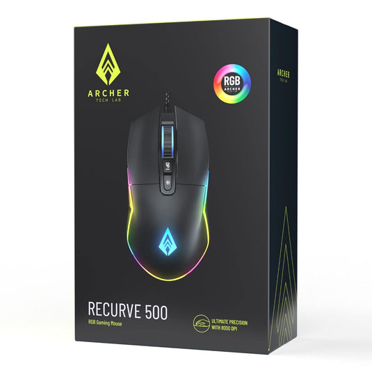 Archer Tech Lab Recurve 500 Wired Gaming Mouse with 8000 DPI and 7 Buttons, 6 Mode RGB, Gaming Sensor, 10mn HUYU Switchs with Ergonomic Design, Compatible with PC/Mac - Black