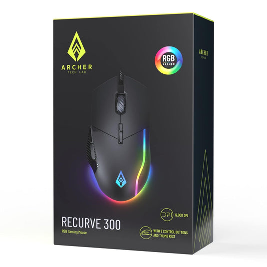 Archer Tech Lab Recurve 300 Wired Gaming Mouse,12000 Dpi with 1000Hz Polling Rate 8 Buttons, Support, 6 Mode RGB, Sunplus Sensor, 10 Mn+ Clicks Huyu Switches, Compatible with Pc/Mac - Black