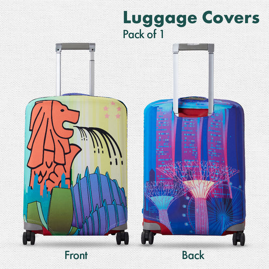 Merlion Musings! Luggage Cover, 100% Organic Cotton Lycra, Medium Size, Pack of 1