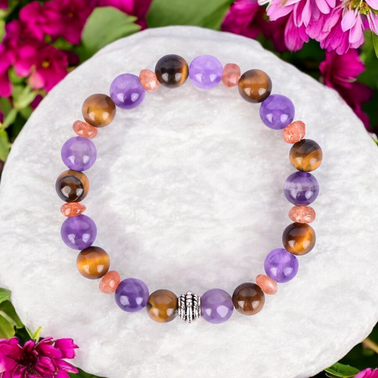 Amethyst, Tiger's Eye, and Sunstone Healing Bracelet for Calm, Confidence, and Vitality