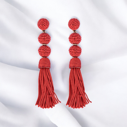 Elegant Red Beaded Tassel Earrings - Statement Jewellery