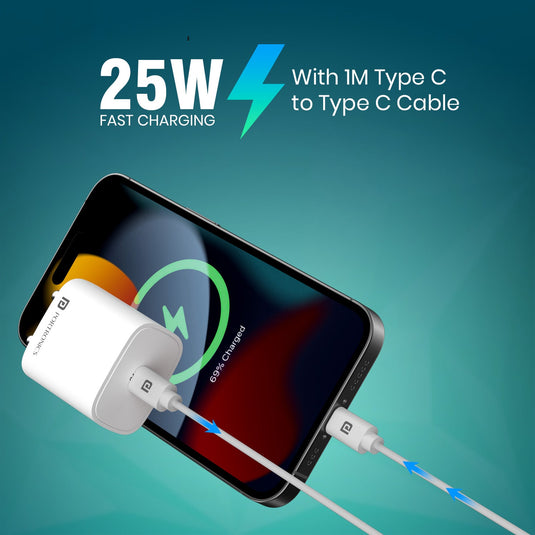 Portronics Adapto 25 Plus single port 25w fast charger mobile adaptor with type c to type c cable| fast charging mobile charger at discount rate
