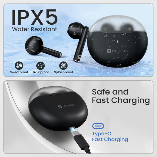 Portronics Harmonics Twins s20 TWS earbuds | wireless earbuds with IPX5 water resistant and type c fast charging. Black