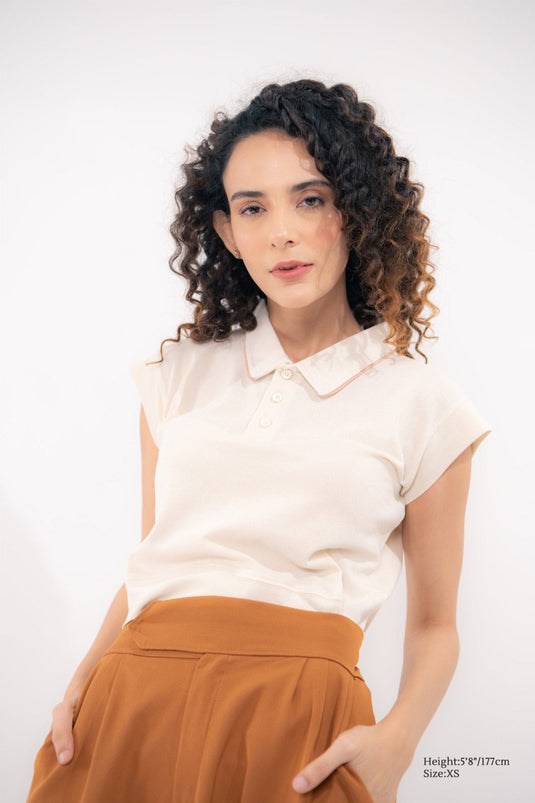Premium beige crop polo top for women, luxury feel with modern Italian design—perfect for western wear.