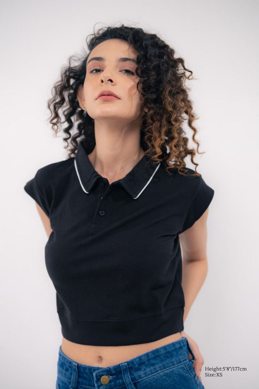 Premium black crop polo top for women, luxury feel with modern Italian design—perfect for western wear.
