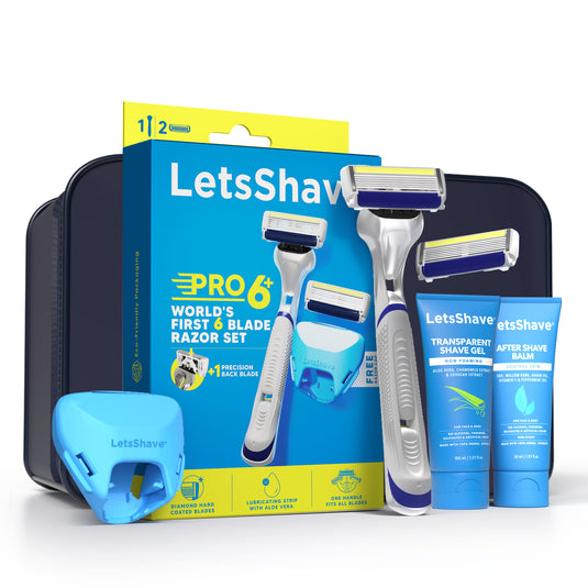 LetsShave Pro 6 Plus Premium Gift set for Men with 1 Razor + Travel Cap + Transparent Shave Gel (30ml) + 1 After Shave Balm (30ml) and Travel Pouch, Complete Shaving Kit for Men