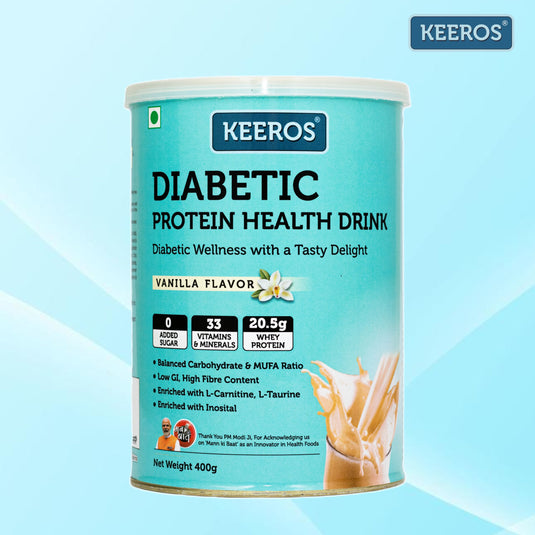 Keeros Diabetic Protein Nutrition Drink 400g - Vanilla Flavor | Diabetic Friendly, High Fiber, Balanced Carbohydrate & MUFA | General Health Benefits with DHA | Nutrient-Rich Supplement for Overall Wellness