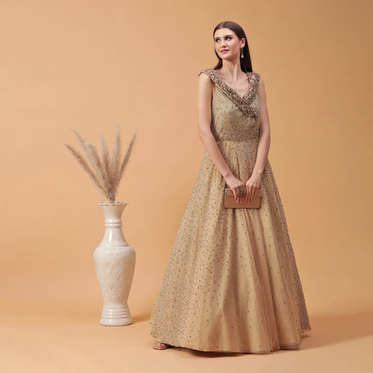 Pannkh Luxe Golden Heavy Embellished Yoke Collar Off-Shoulder Gown