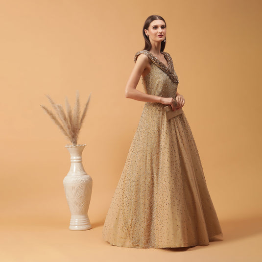 Pannkh Luxe Golden Heavy Embellished Yoke Collar Off-Shoulder Gown