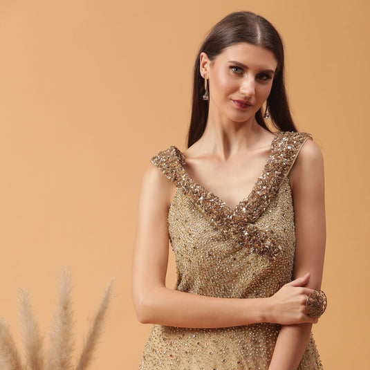 Pannkh Luxe Golden Heavy Embellished Yoke Collar Off-Shoulder Gown