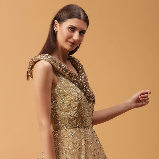 Pannkh Luxe Golden Heavy Embellished Yoke Collar Off-Shoulder Gown