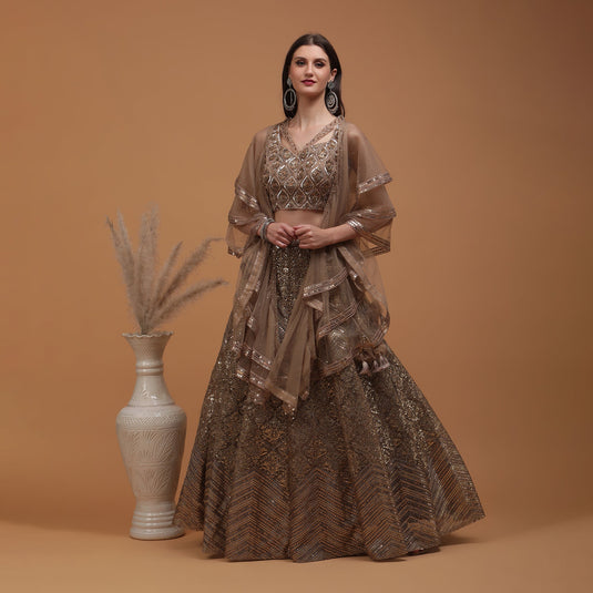 Pannkh Luxe Champagne Hand Embroidered Blouse with Lehenga and Dupatta Set