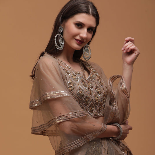 Pannkh Luxe Champagne Hand Embroidered Blouse with Lehenga and Dupatta Set