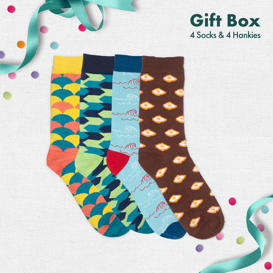 Photo-synthesis! Sibling Love Gift Box, 4 Unisex Crew Length Socks + 4 Hankies, 100% Organic Cotton, Box of 8