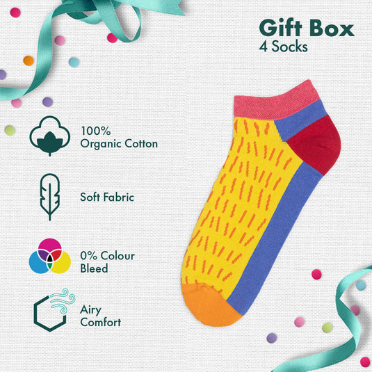 Gift-zoned! Unisex Ankle Length Socks, 100% Organic Cotton, Gift Box of 4