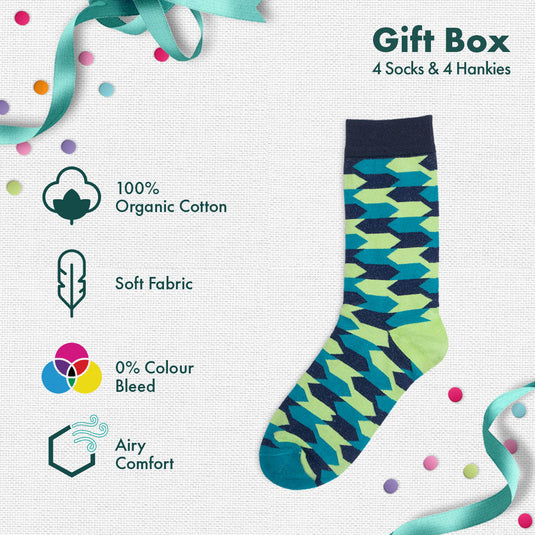 Photo-synthesis! Sibling Love Gift Box, 4 Unisex Crew Length Socks + 4 Hankies, 100% Organic Cotton, Box of 8