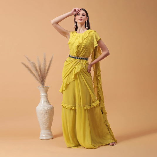 Pannkh Luxe Neon Green Frilled Indo-Western Saree with Belt