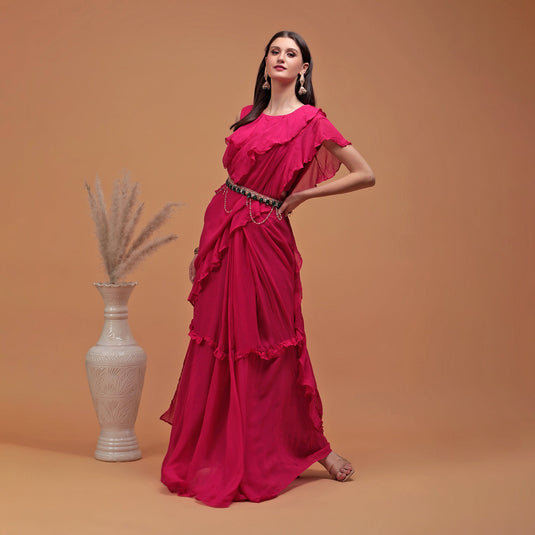 Pannkh Luxe Pink Frilled Indo-Western Saree with Belt