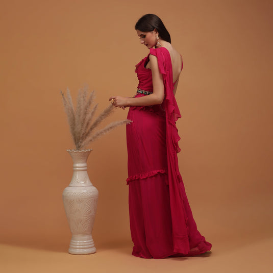 Pannkh Luxe Pink Frilled Indo-Western Saree with Belt