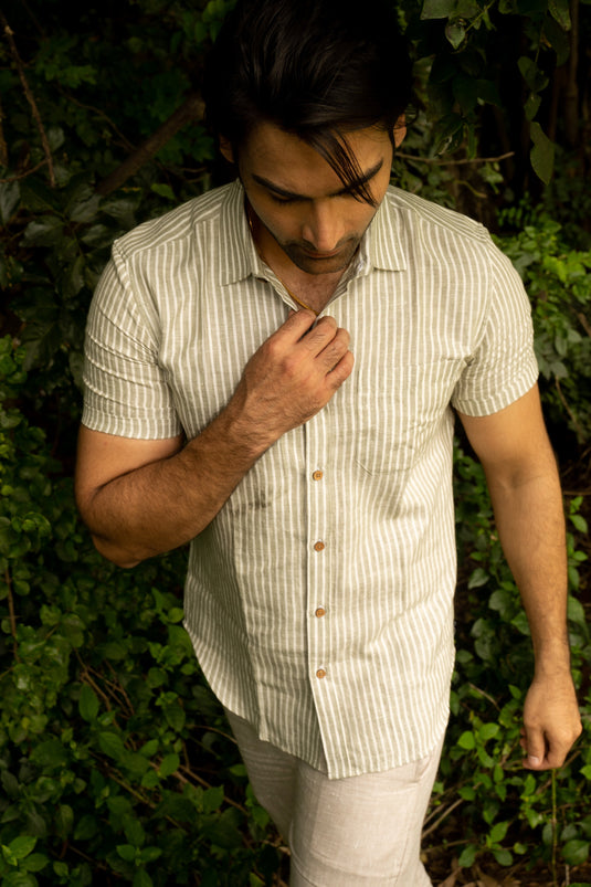 Men Whispering Olive Hemp Casual Half Sleeve Shirt