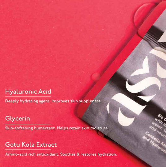 Asaya's gentle sheet mask with Hyaluronic Acid, Glycerin and Gotu Kola Extract. Best for barrier repair, hydration, smooth, supple, plump, glowing skin