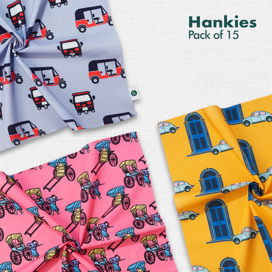 MIA! Motif In Action! Unisex Hankies, 100% Organic Cotton, Pack of 15