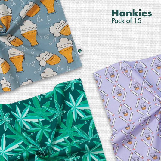 MIA! Motif In Action! Unisex Hankies, 100% Organic Cotton, Pack of 15