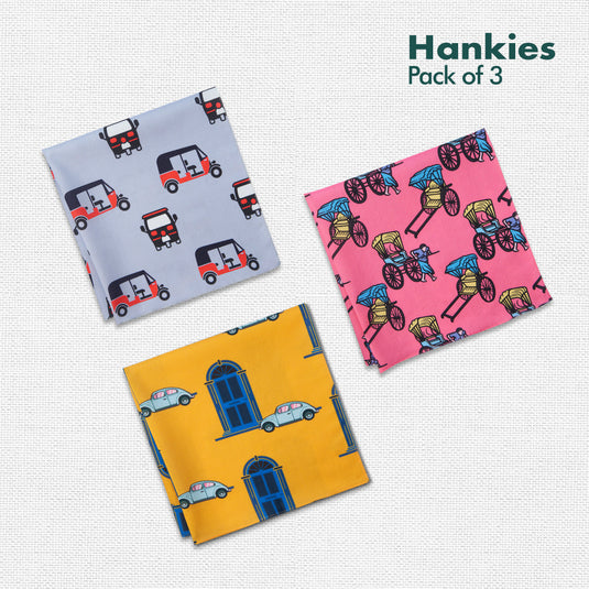 Travel Bug! Men's Hankies, 100% Organic Cotton, Pack of 3