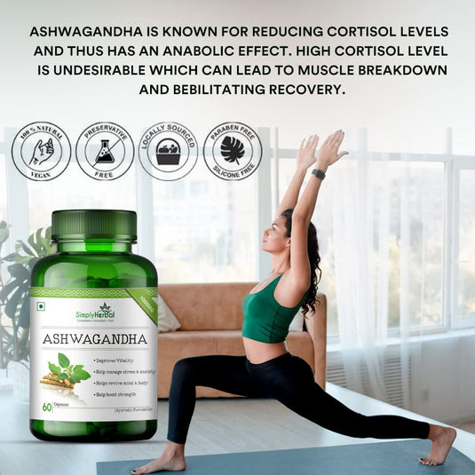 Simply Herbal Ashwagandha General Wellness, Vitality, Manage Stress & Anxiety 1000mg -60 Capsules