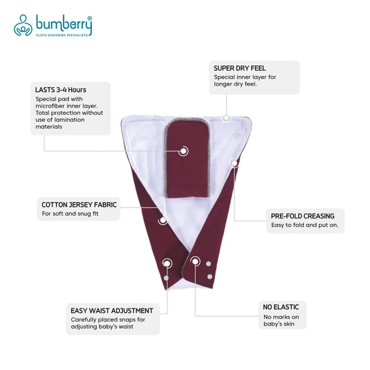 Bumberry Smart Prefold Diaper (2 Pc Pack) - Cotton Reusable one piece diapering with waist adjustment and extra insert attached ( 0 - 6 Months ) ( Maroon , Navy )