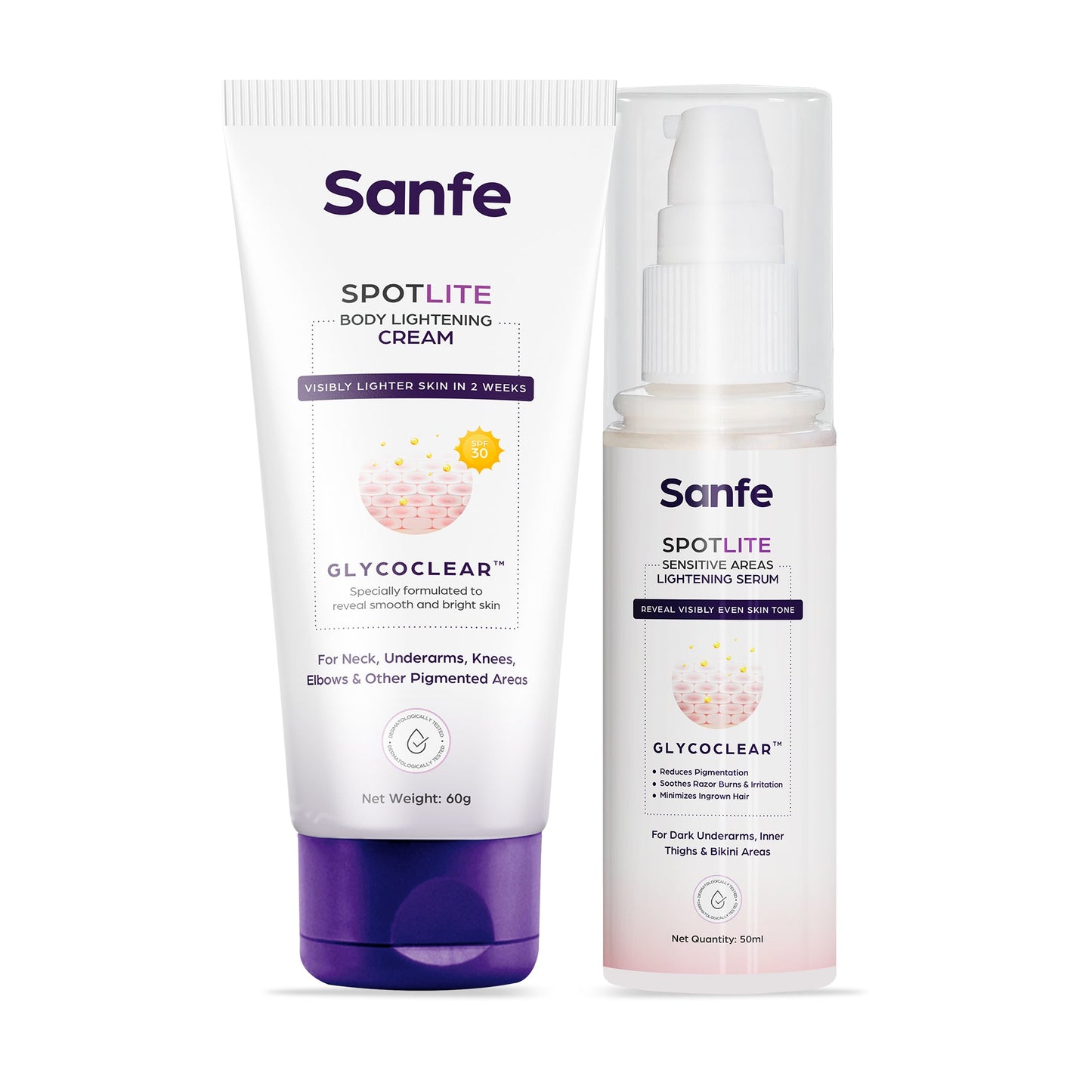 Sanfe Spotlite AM & PM Underarm Lightening Combo | For Extra Dark underarms | 3X Quicker Penetration With Glycodeep Technology | Spotlite Cream & Sensitive Area Serum | For Dark Patches, Detanning and Skin Tightening