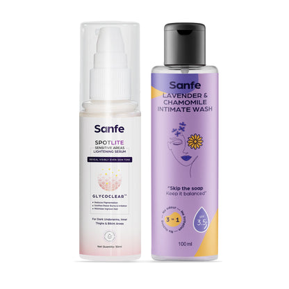 Sanfe Spotlite Fresh & Bright Kit For Dark Underarms, Inner Thighs and Sensitive Areas | 10X Powerful, Enriched with Kojic Acid, 4% Niacinnamide, Lavender| For Dark Intimate Patches, Detanning, Anti Aging, odour and Skin Tightening