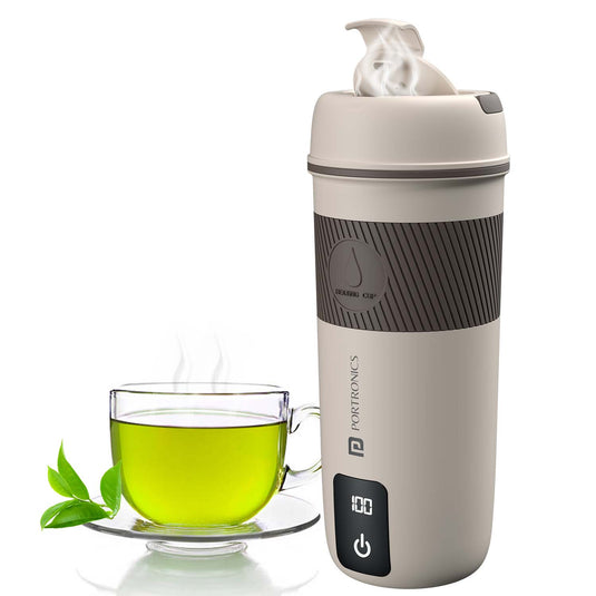 Portronics ThermoSip thermal water bottle with double-wall insulation, acting as a portable electric kettle for travel, featuring anti-scald stainless steel