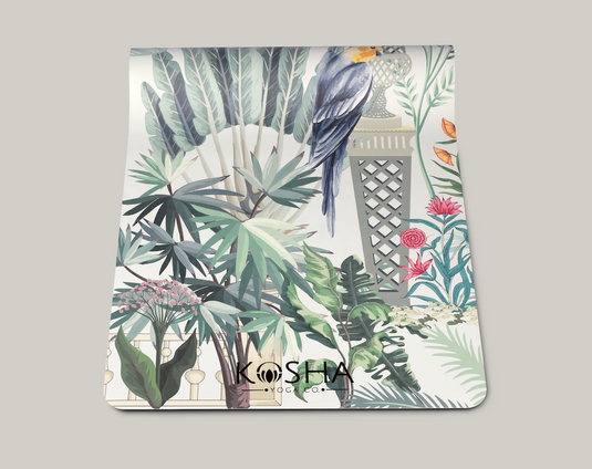 green printed floral with birds and leaves yoga mat with non slip top and rubber base