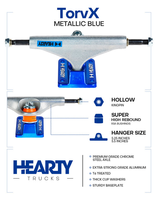 Hearty Skateboard Trucks- TorvX SERIES-  Raw/Metallic Blue